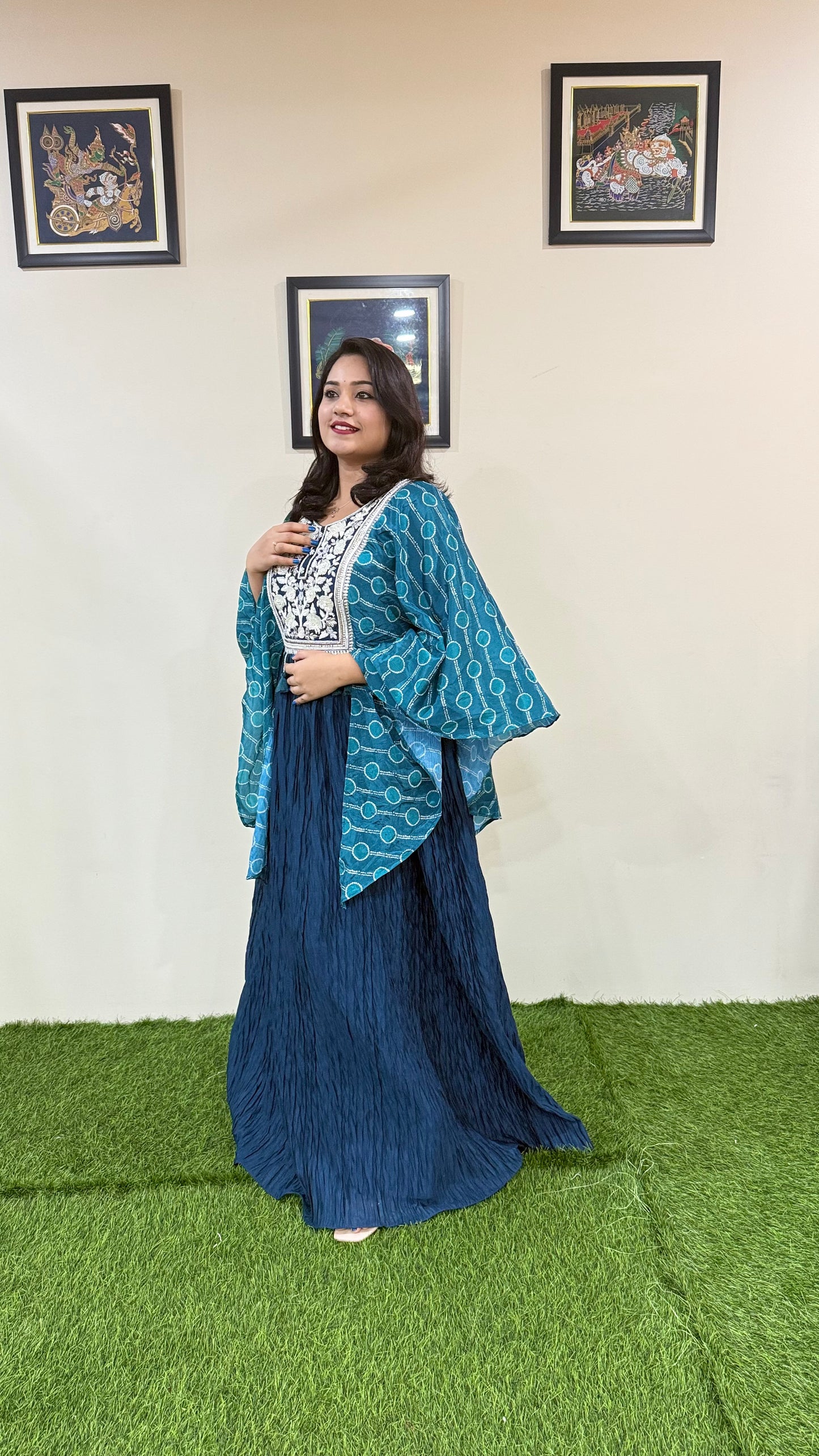 Real Chinon Silk 3-Piece Ethnic Set with Hand Moti Embroidery and Digital Sleeves – Free Size