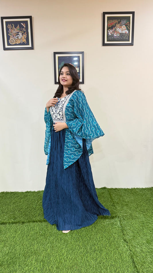 Real Chinon Silk 3-Piece Ethnic Set with Hand Moti Embroidery and Digital Sleeves – Free Size