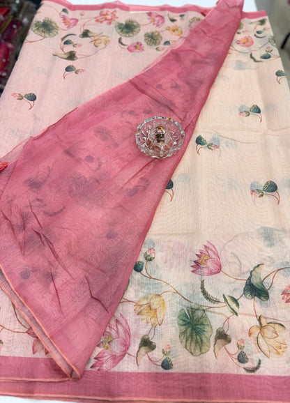 Cotton Chanderi Silk Floral Printed Saree with Blouse Piece