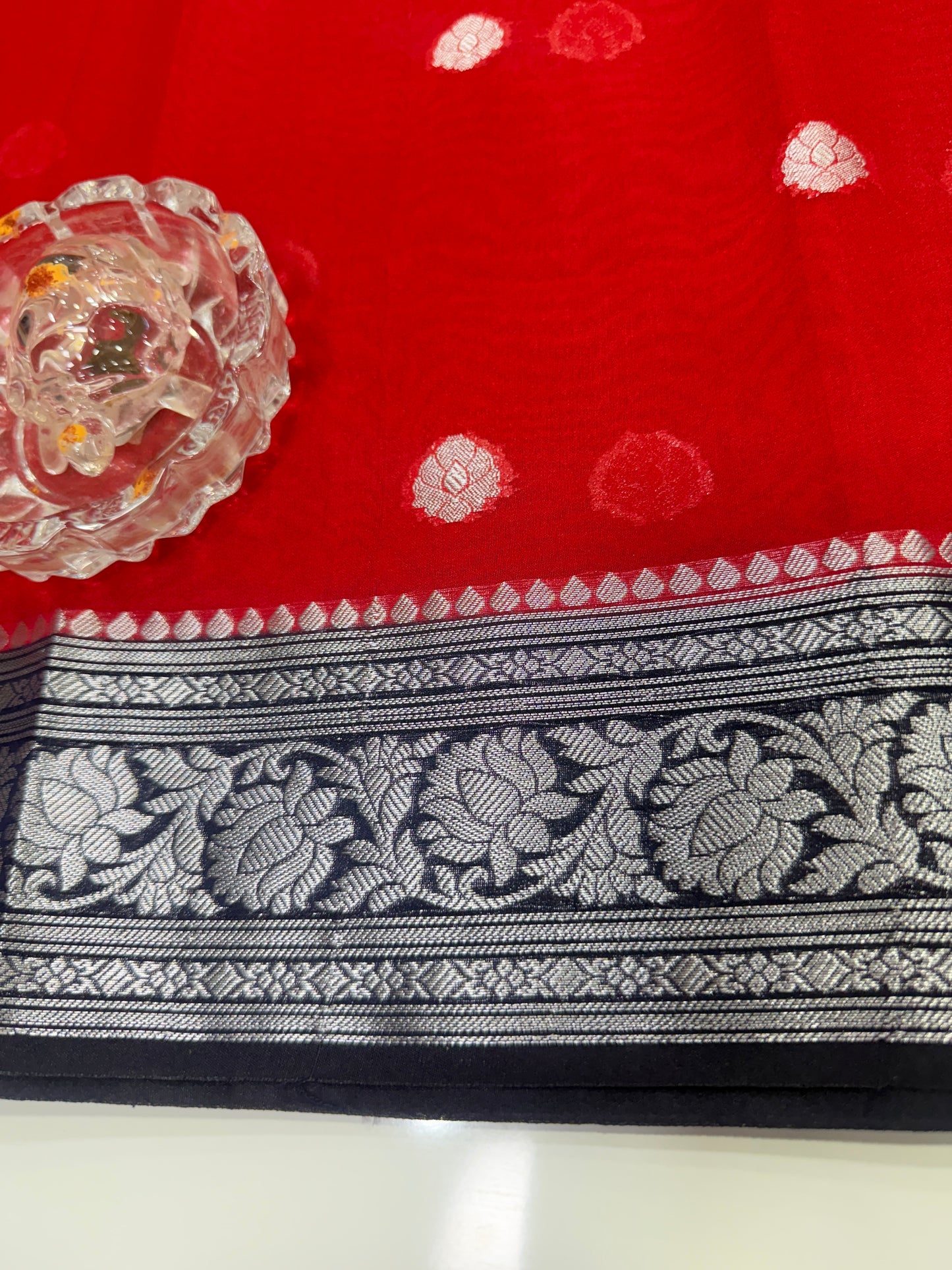 Banarasi semi georgette silk saree with silver zari buti design, contrast pallu and woven border for women