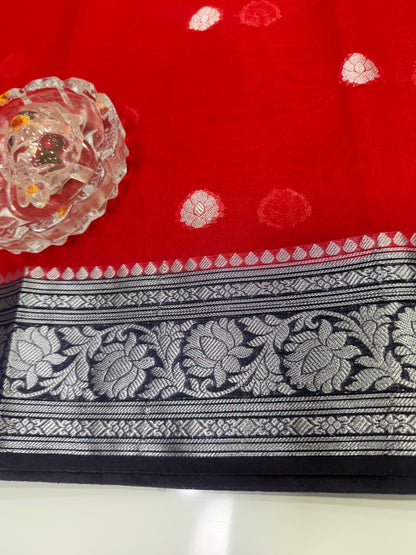 Banarasi semi georgette silk saree with silver zari buti design, contrast pallu and woven border for women