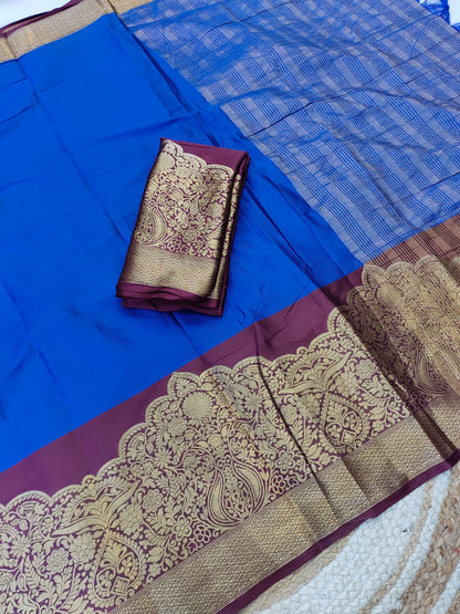 Kanjivaram Narayanpeth Silk Saree with Mor Designer Border and Contrast Pallu – With Blouse Piece