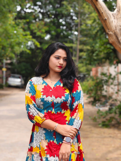 Radiant Blooms Cotton Flared Dress with Multi-Color Floral Panels – Casual & Occasion Wear