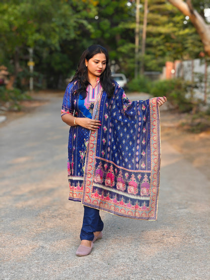 Pure Muslin Silk Jaipuri Kurti Set with Printed Design, Rayon Cotton Pants & Maslin Dupatta – Sizes M to XXL