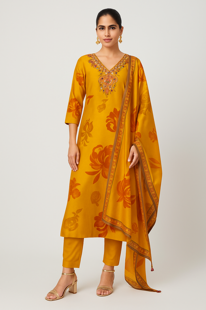 Natural Crepe Kurta Set with Mirror Handwork and Printed Viscose Dupatta – XL to 3XL Sizes