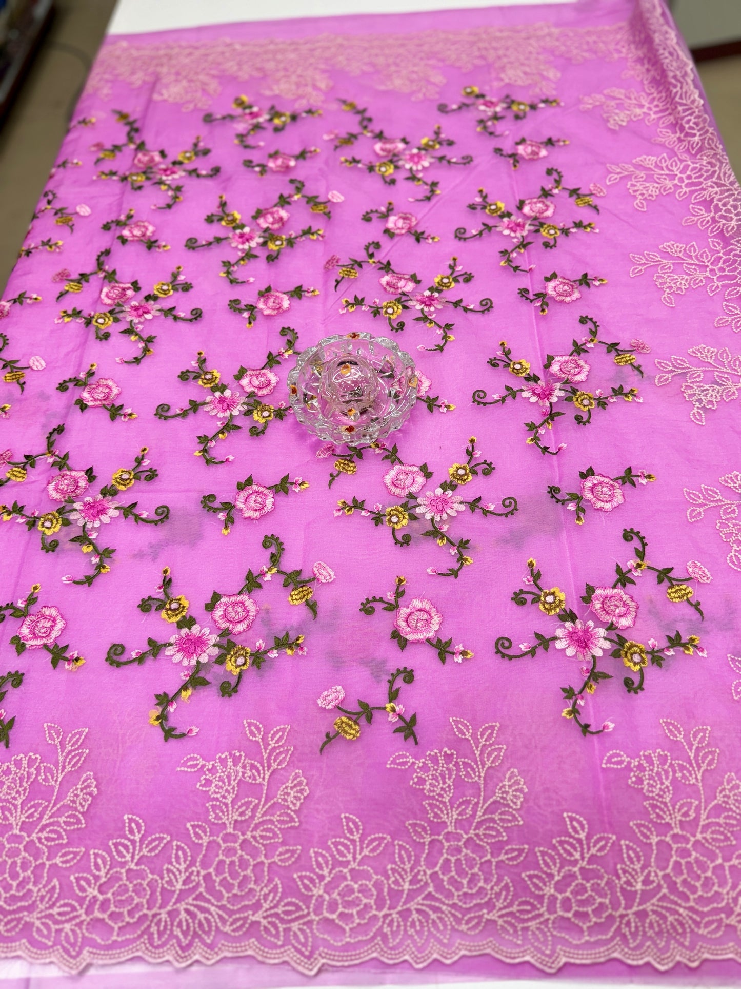 Kora Banarasi Saree with Floral Embroidery and Woven Border – Lightweight Festive Wear