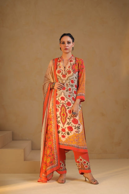 Premium digital crepe printed suit set for women with lining, kurta pant dupatta, thread work detailing