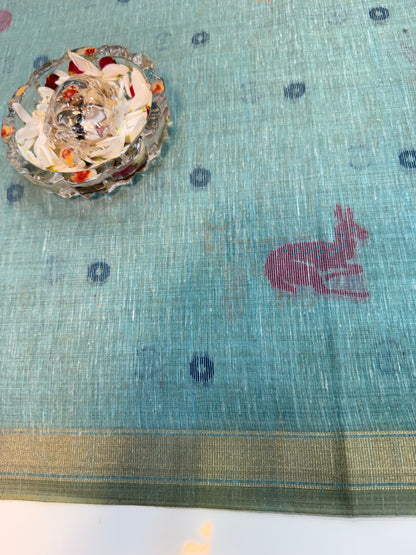 Linen Paithani style printed saree with floral tree border and tassel pallu, women’s festive daily wear saree