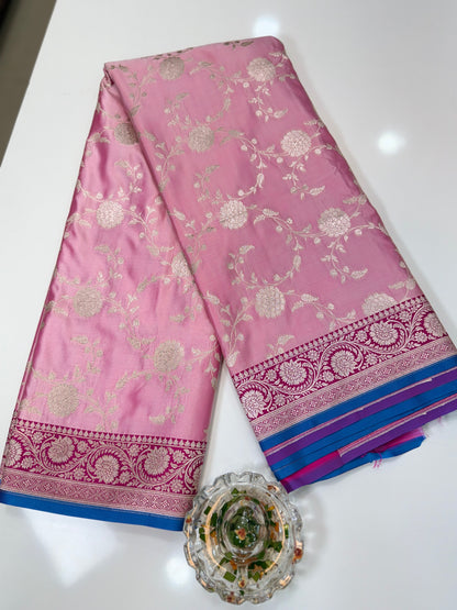 Banarasi Mashru Katan Silk Saree in Pink and Magenta with Contrast Blouse Piece – Women’s Festive Wear