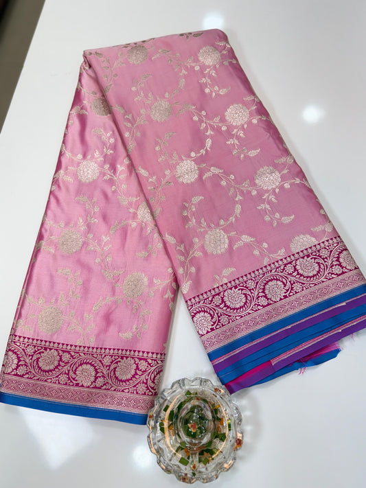 Banarasi Mashru Katan Silk Saree in Pink and Magenta with Contrast Blouse Piece – Women’s Festive Wear