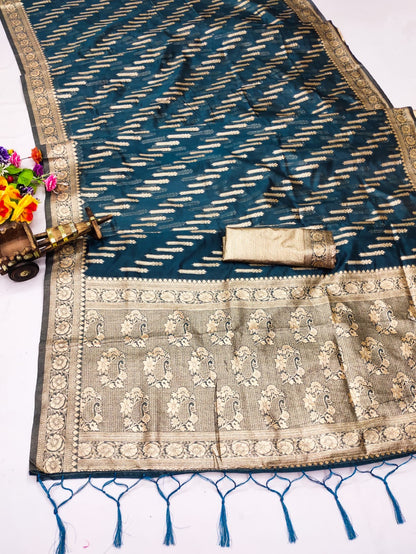 Organza Silk Zari Weaving Saree with Golden Butties, Silver Zari Pallu & Brocade Blouse