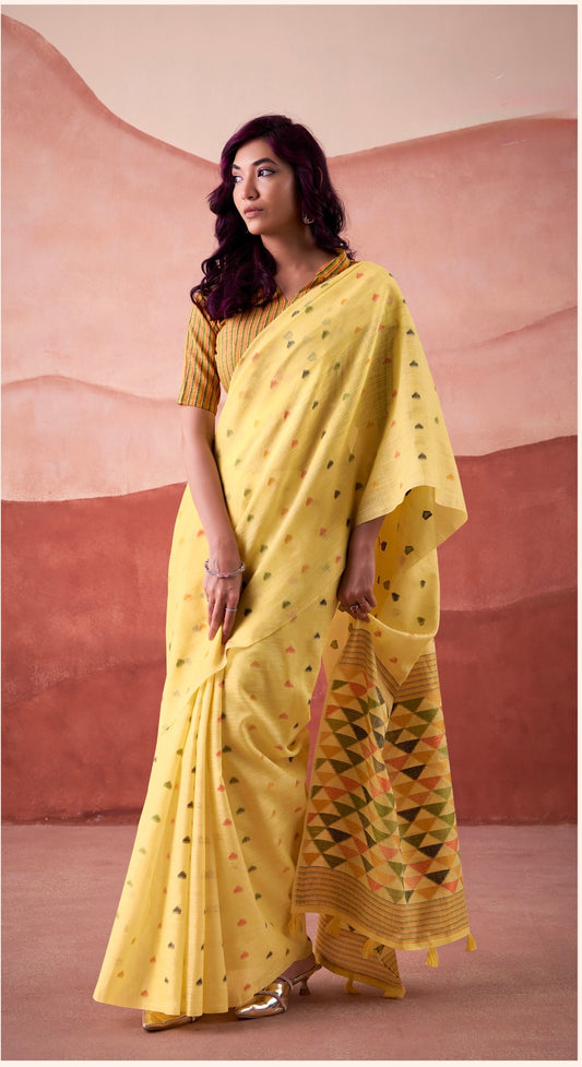 linen silk printed saree with geometric pallu and multicolor motifs – ethnic wear for women