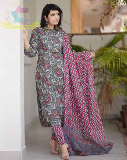 Pure Cotton Floral Kurti Pant Dupatta Set for Women – Printed 3-Piece Ethnic Wear – Sizes 36 38