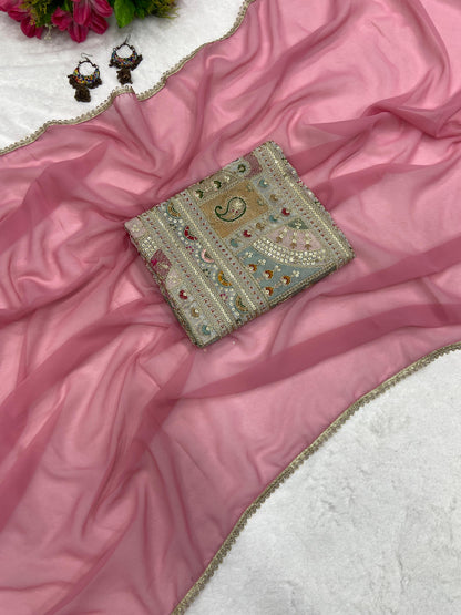 Women’s Georgette Saree with Lace Border and Heavy Embroidery Coding Work Designer Blouse