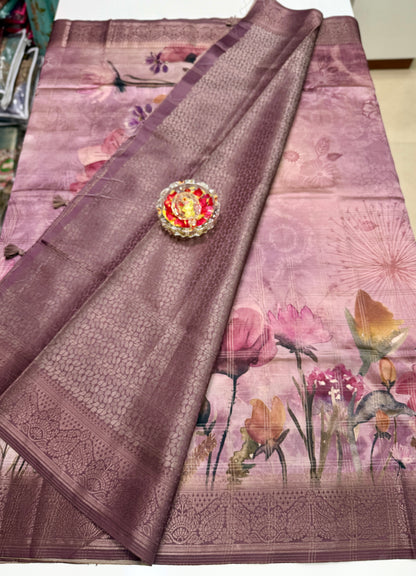 Bamboo Silk Saree with Chex Texture and Rich Pallu – Digital Floral Print Saree for Women