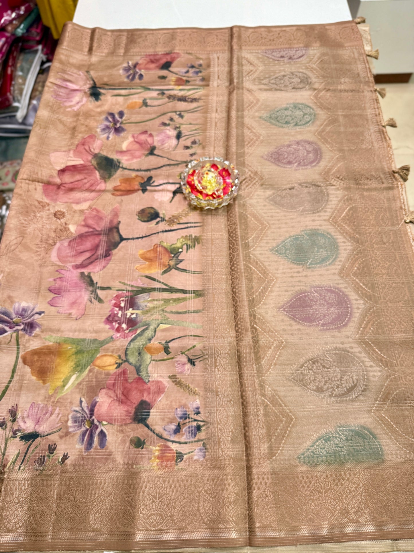 Bamboo Silk Saree with Chex Texture and Rich Pallu – Digital Floral Print Saree for Women