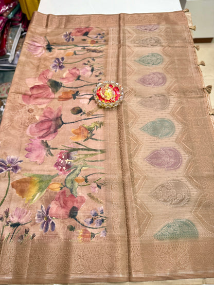 Bamboo Silk Saree with Chex Texture and Rich Pallu – Digital Floral Print Saree for Women