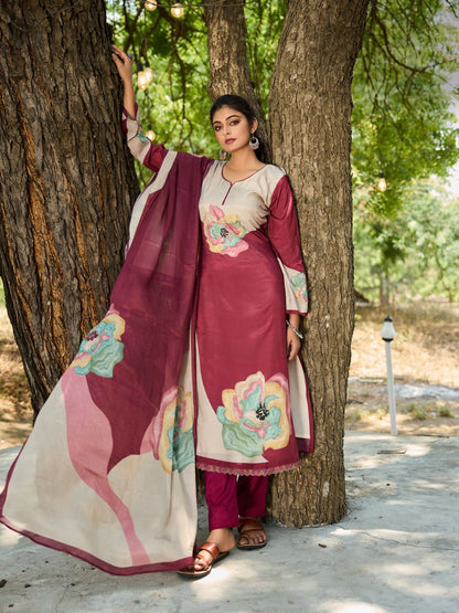 Unstitched Bamberg Muslin Suit Material with Digital Print, Handwork and Pure Muslin Dupatta