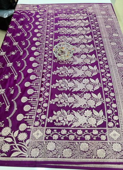 Mashru katan silk saree for women with Banarasi-style zari weaving and contrast brocade blouse piece