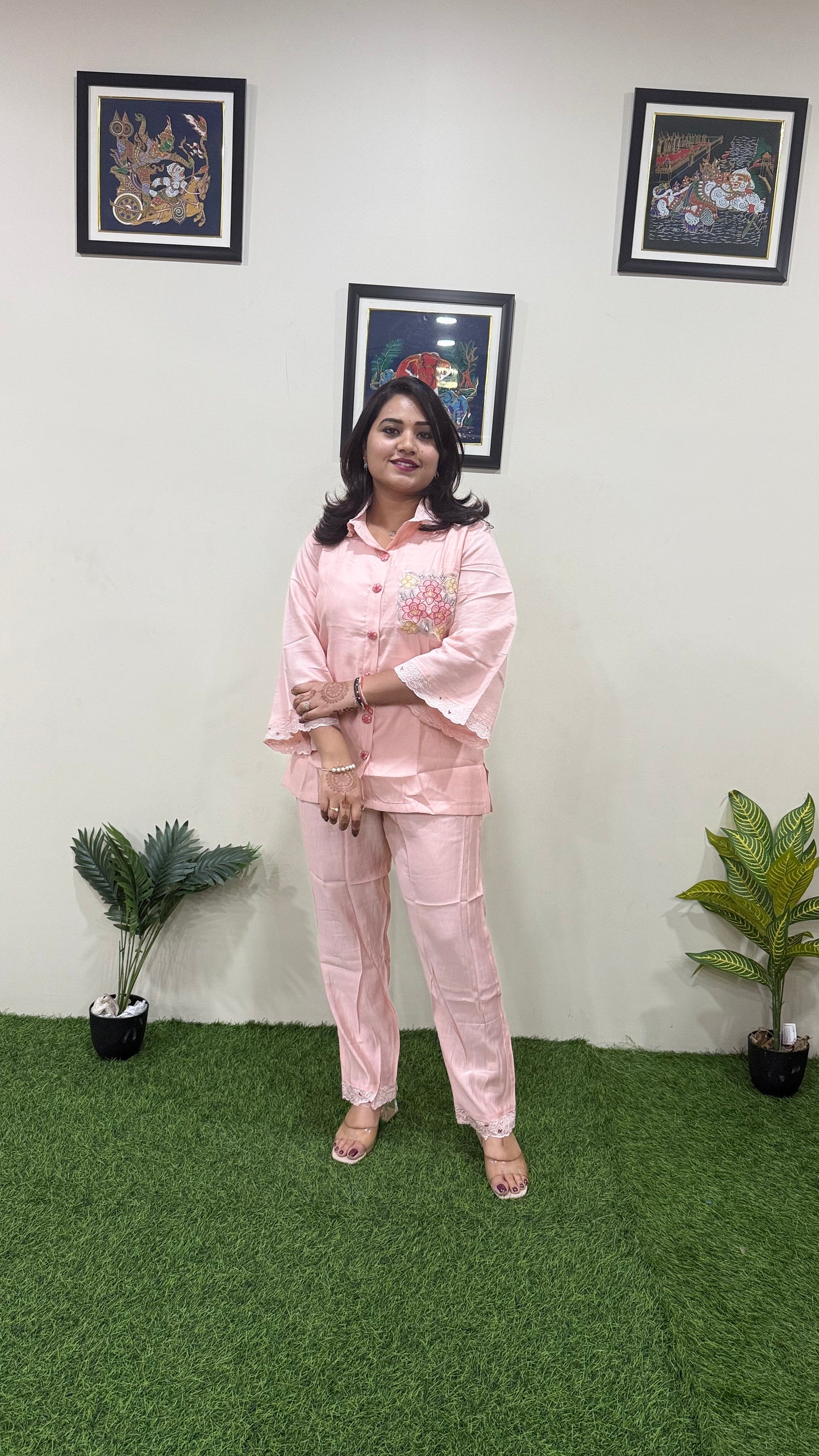 Women's Pure Silk Co-ord Set in Blush Pink with Flared Sleeves, Embroidered Pocket, and Lace Hem