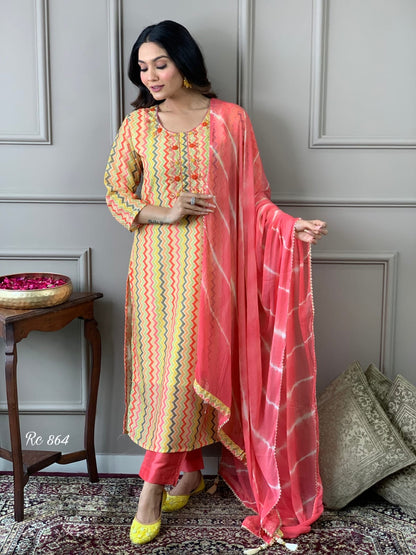 Chanderi Silk Digital Print Kurta Pant Dupatta Suit Set with Embroidery and Chiffon Dupatta – Sizes 38 to 44