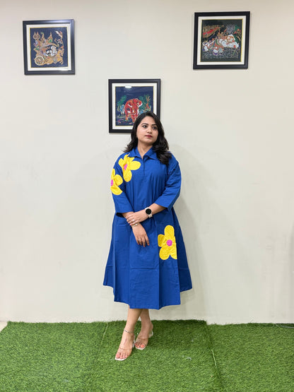 Poplin Cotton Applique Midi Dress with Bold Floral Motifs – Women’s Casual Wear (M to XL)