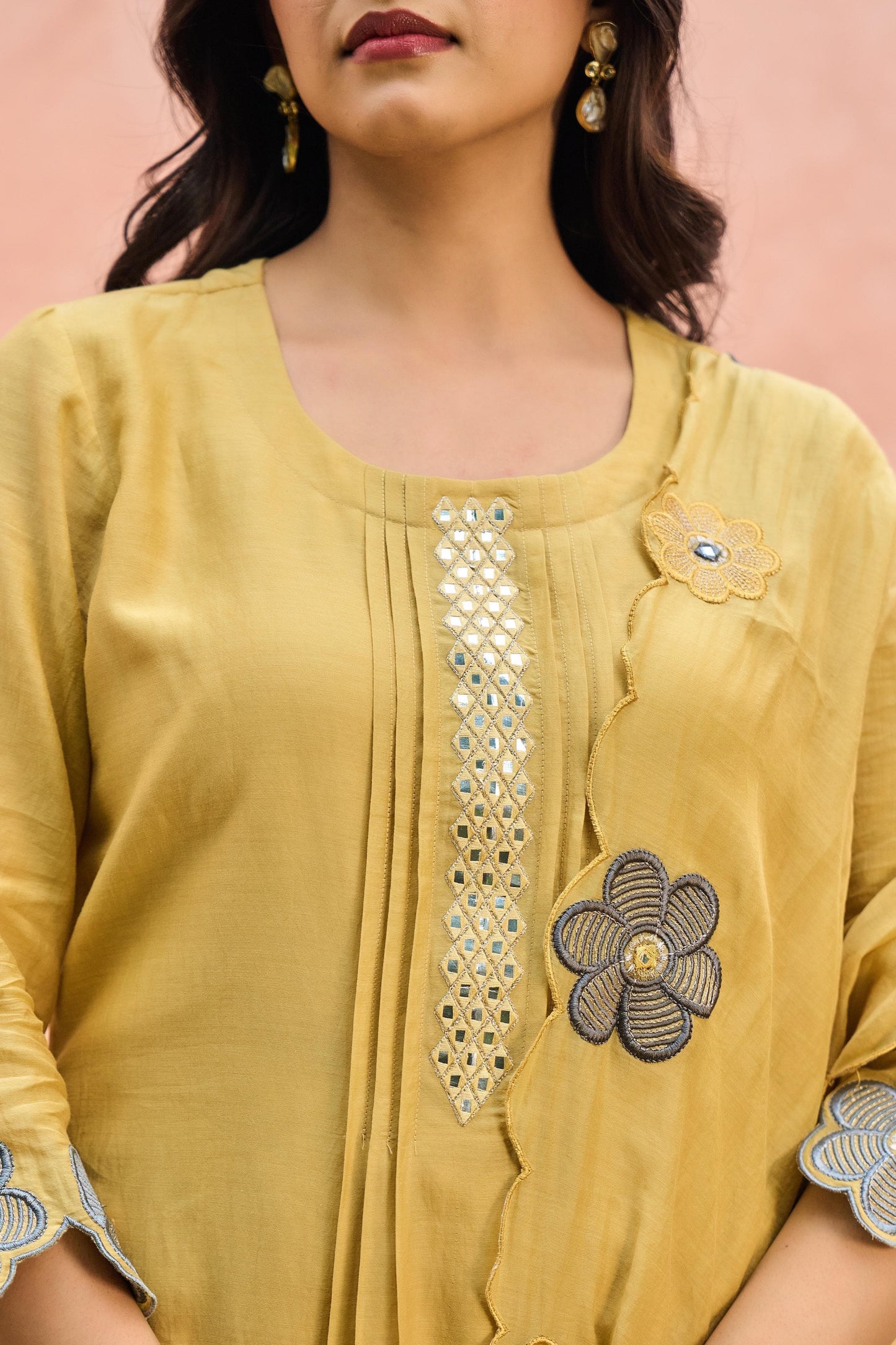 Mal Chanderi Kurta Pant Dupatta Set with Embroidery, Patchwork, and Cutwork – Women’s Suit Set