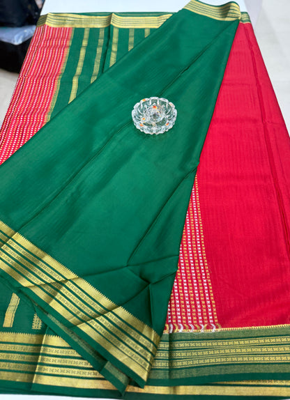 Pure Crepe Mysore Silk Saree for Women – 120 Gram, Zari Lines Design, Silk Mark Certified with Blouse Piece