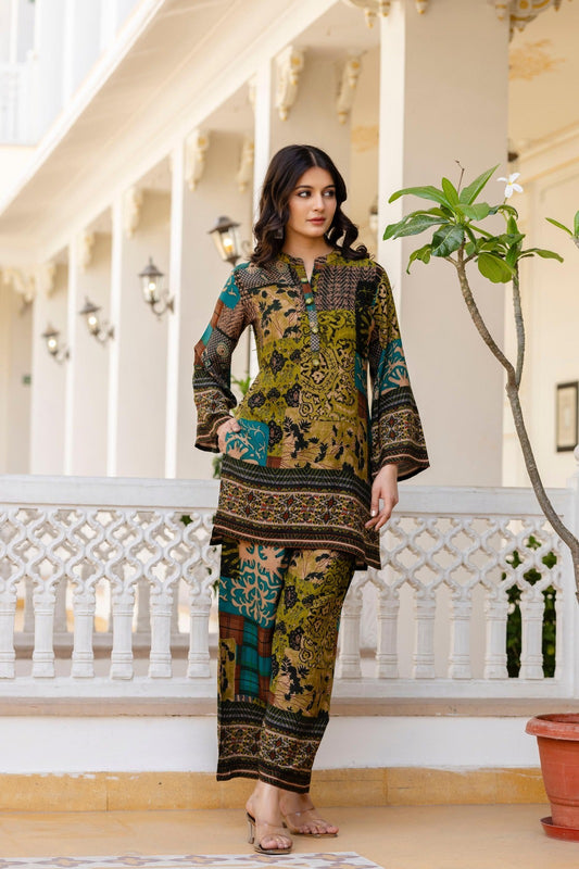 Pure Rayon Co-Ord Set with Floral Patch Digital Print, Kauri Buttons, and Flared Sleeves – Casual Fusion Wear for Women