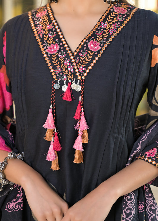 Floral Cotton Kurta Pant Dupatta Set with Pintuck Design Thread and Sequence Work for Women