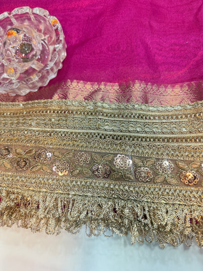 Women’s Banarasi katan tissue silk saree with heavy lace border and rich pallu, pink and gold