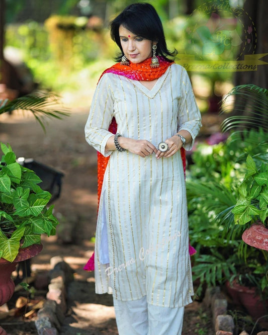 Lurex Cotton Kurti Pant Set with Pure Bandhej Silk Dupatta – 3-Piece Ethnic Wear for Women – Sizes 36 to 44