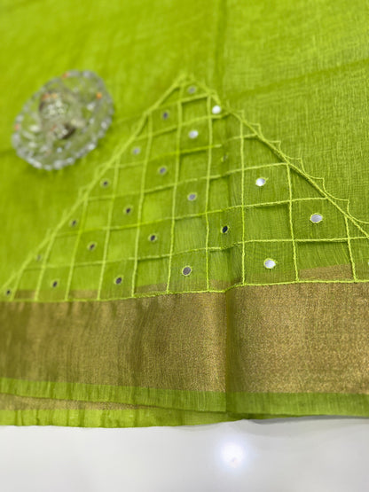 Pure Tissue 150 Count Linen Handloom Saree with Handwork and Running Blouse for Women