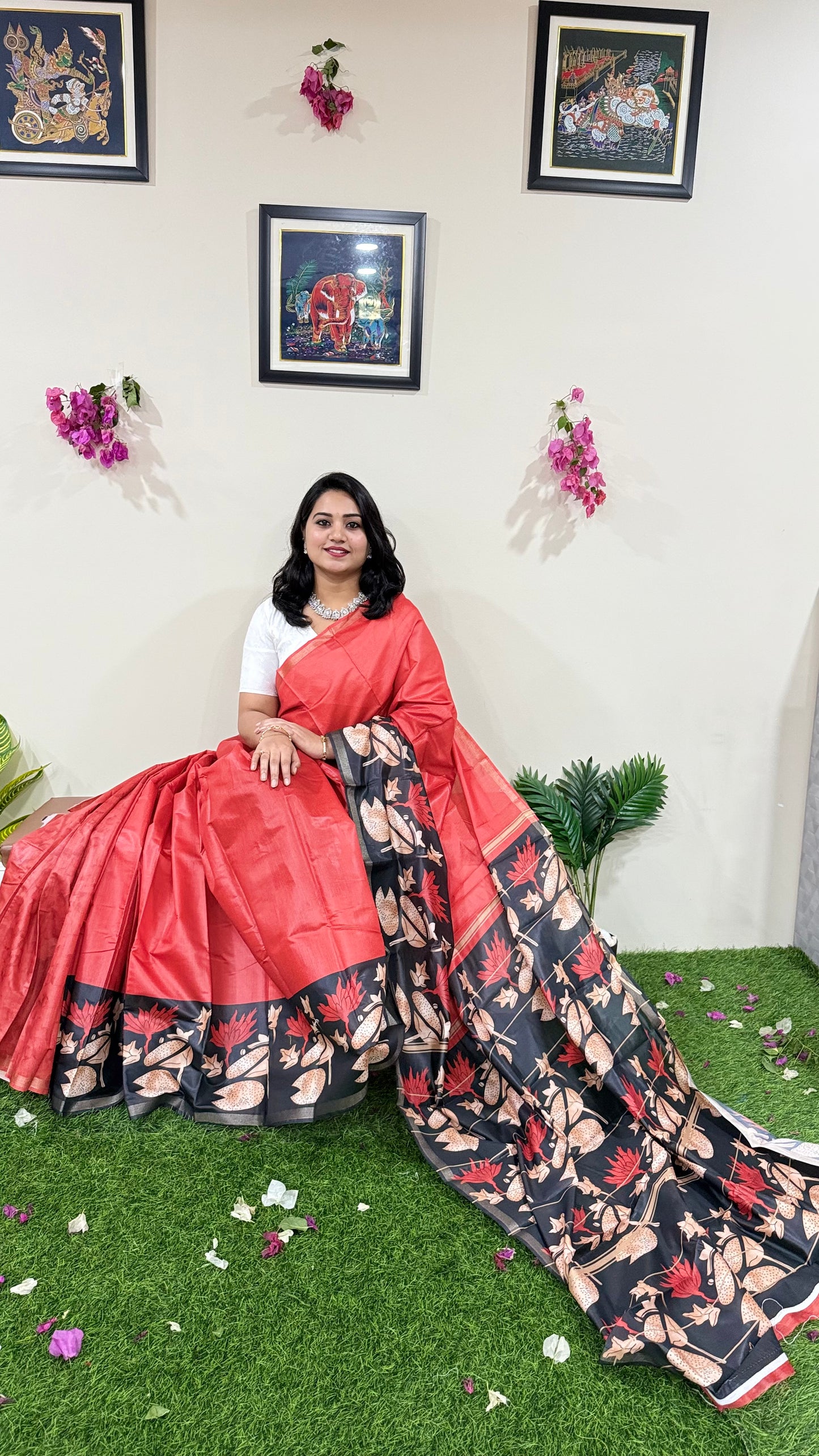 Soft Chanderi Silk Saree with Gold Zari Border and Digital Print – Traditional Wear Saree for Women