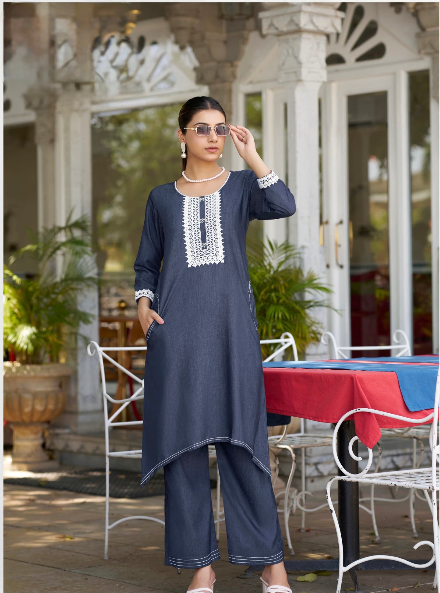 Premium Fancy Denim Co-Ord Set for Women with Thread Work – Fish-Cut Top and Pocket Pant