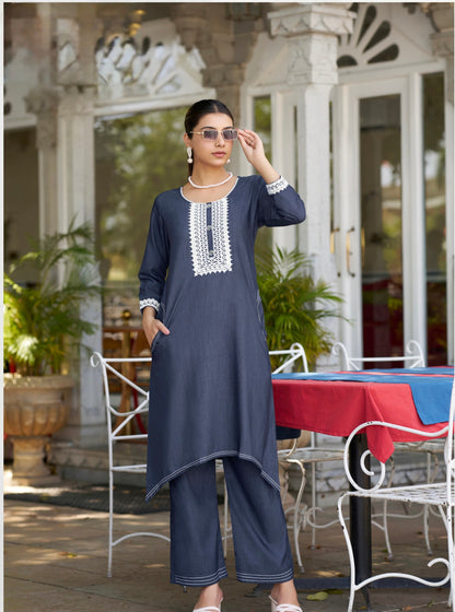 Premium Fancy Denim Co-Ord Set for Women with Thread Work – Fish-Cut Top and Pocket Pant