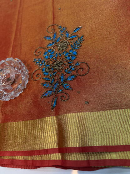 Pure Tissue 150 Count Linen Handloom Saree with Handwork and Running Blouse for Women