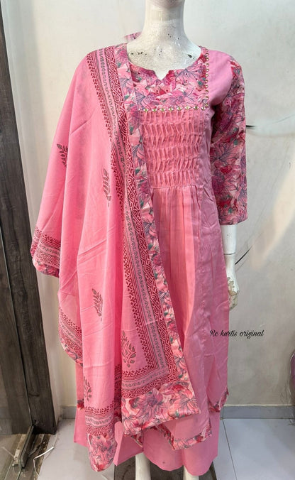 Handloom Cotton Kurta Pant Set with Pintex Work, Mirror Embellishments and Printed Dupatta for Women