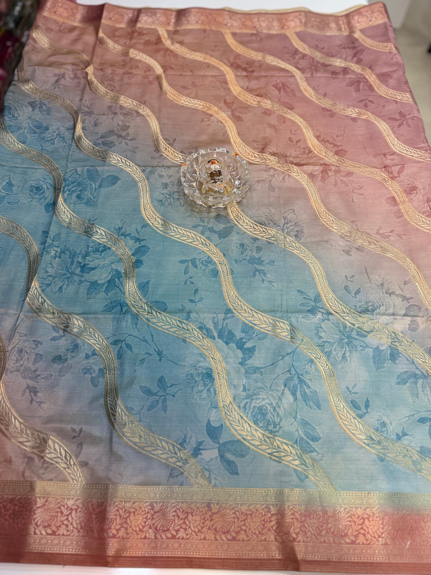 Bamboo Silk Floral Printed Saree with Rich Decorative Pallu, All Over Rich Leheriya Pattern