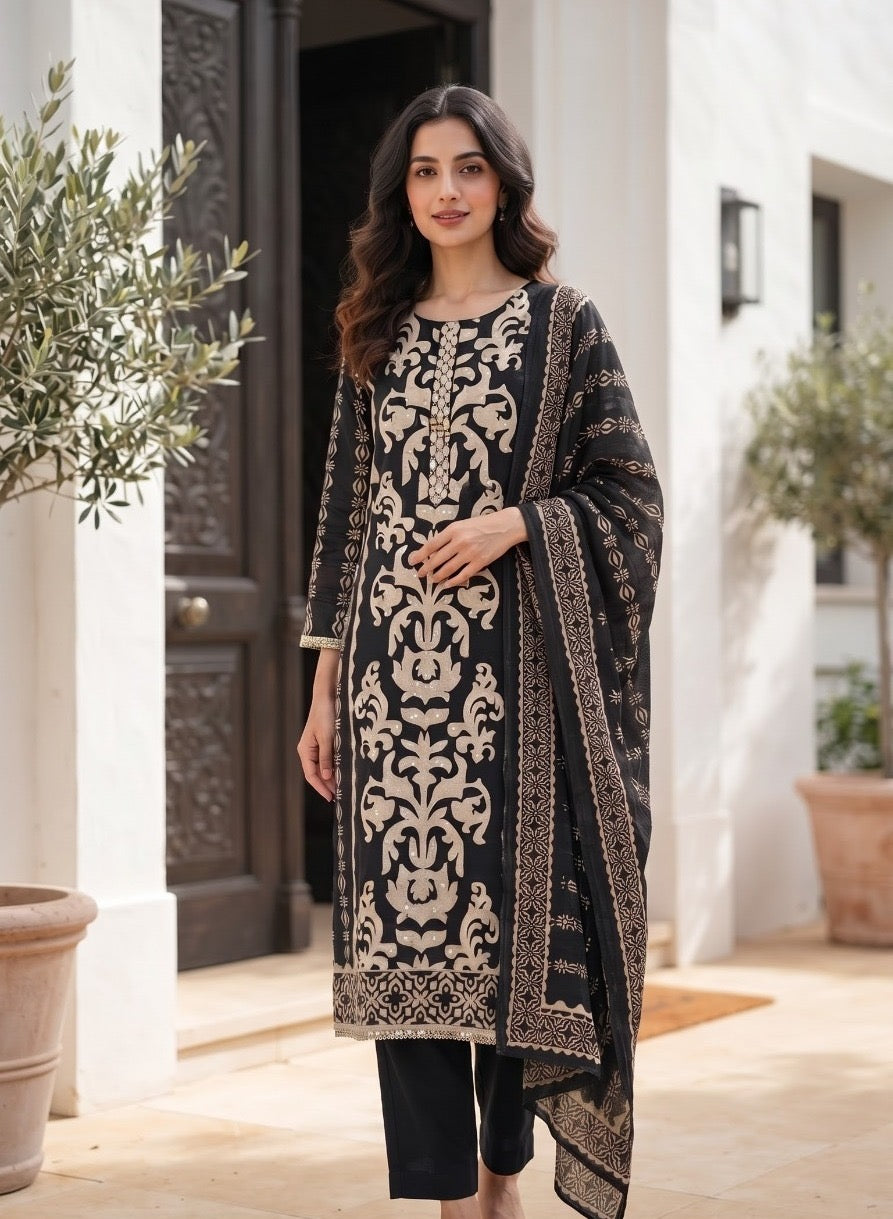 Printed Viscose Blend Kurta Pant Dupatta Set for Women with Lining and Sequin Highlights, Black