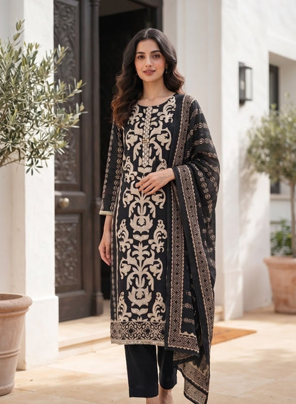 Printed Viscose Blend Kurta Pant Dupatta Set for Women with Lining and Sequin Highlights, Black