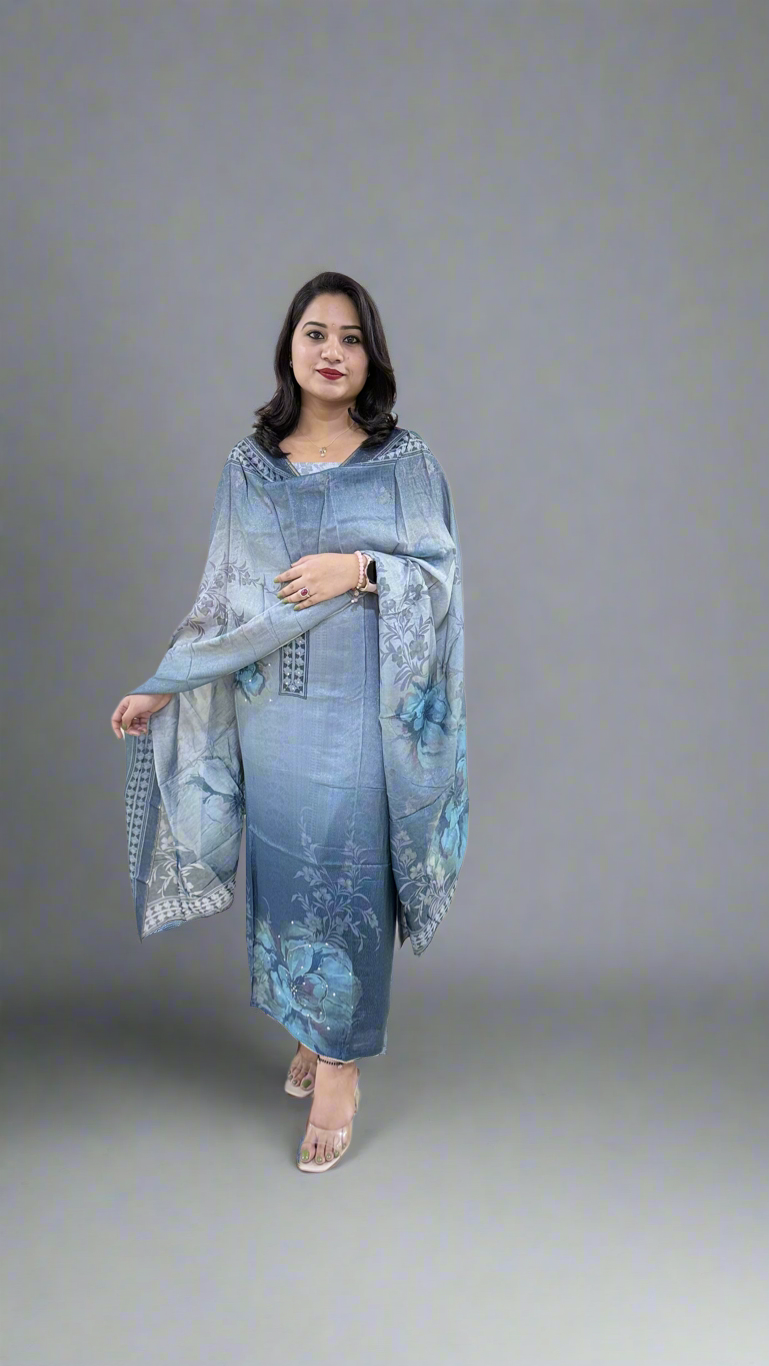 Unstitched Viscose Muslin Shimmer Dress Material with Digital Print, Aari Sequins Mirror Work and Dupatta