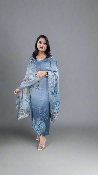Unstitched Viscose Muslin Shimmer Dress Material with Digital Print, Aari Sequins Mirror Work and Dupatta