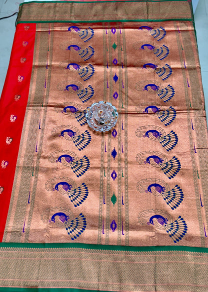 Paithani Soft Silk Saree with Zari Weaving and Contrast Blouse