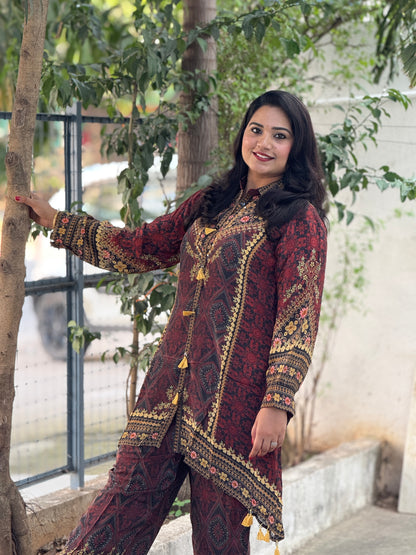 Premium Crepe Ajrakh Print Style Cord Set with Tassel Detailing for Women – Sizes 38 to 44