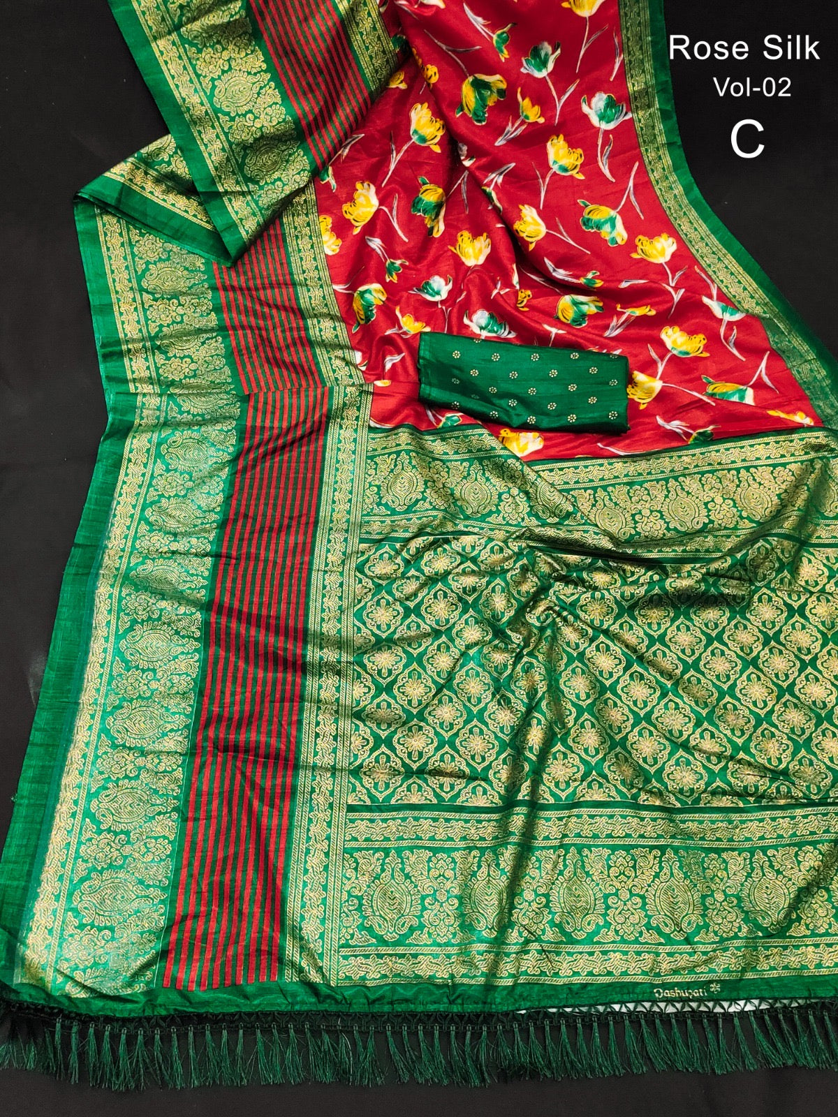 Dola Silk Saree with Kalamkari Patola Digital Print and Gold Zari Foil Border