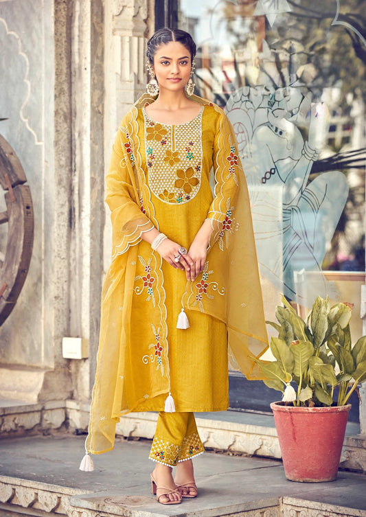 Viscose Embroidered Kurta Pant Set with Organza Dupatta for Women – Plus Sizes Available