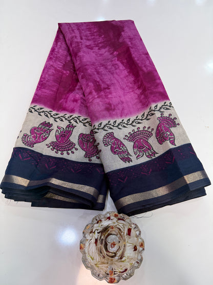 Silk blend printed saree with contrast border and pallu print, 6.3m with running blouse, 6 color options