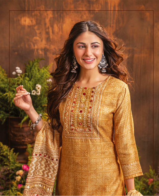 Chanderi Silk Kurti Pant Dupatta Set with Heavy Knot Work for Women – M to XXL