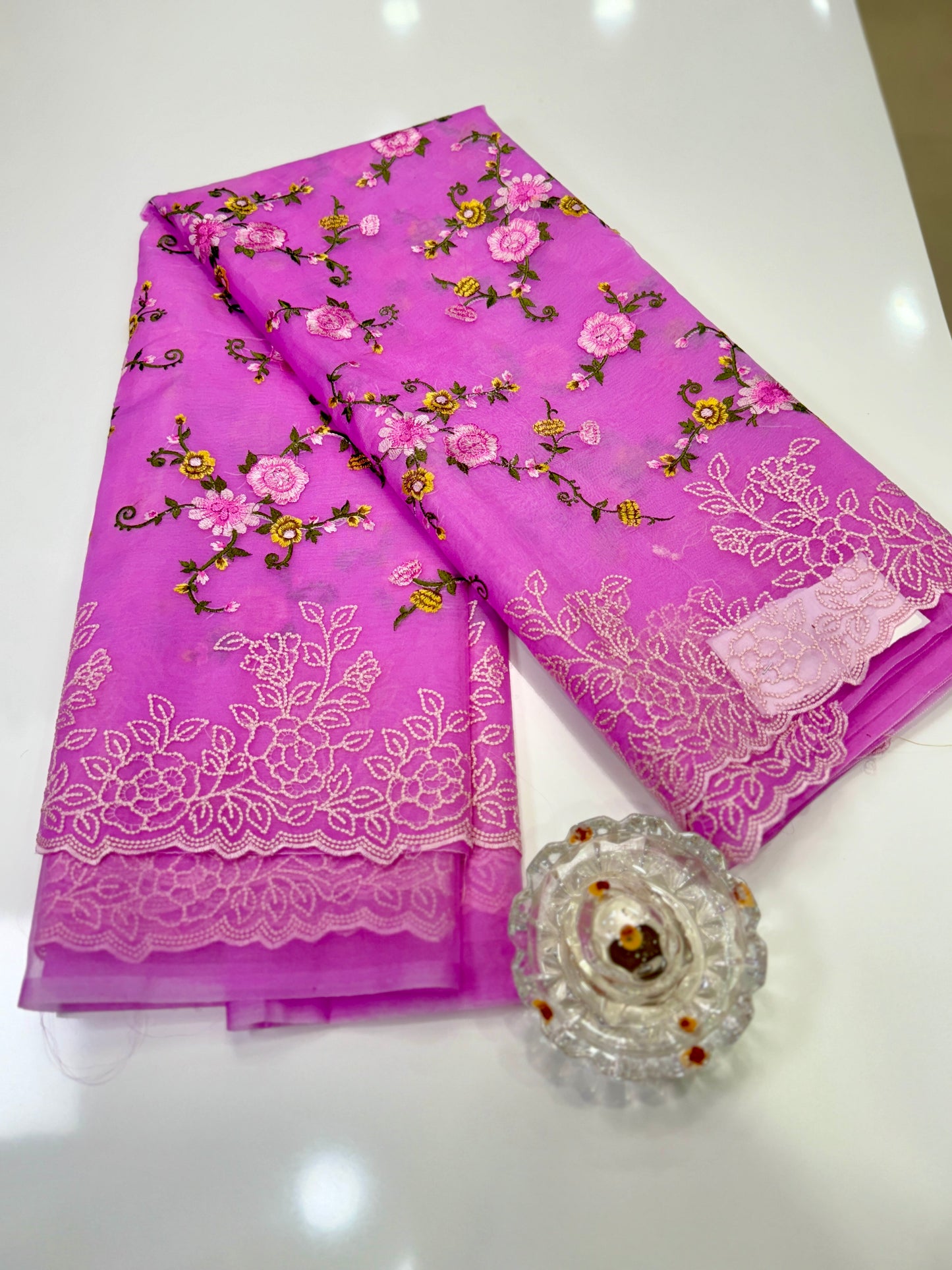 Kora Banarasi Saree with Floral Embroidery and Woven Border – Lightweight Festive Wear
